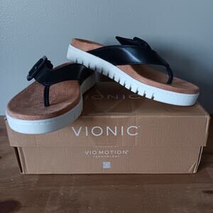 Vionic Uptown Marin Women's Toe Post Sandals Black Leather 6 M NWB